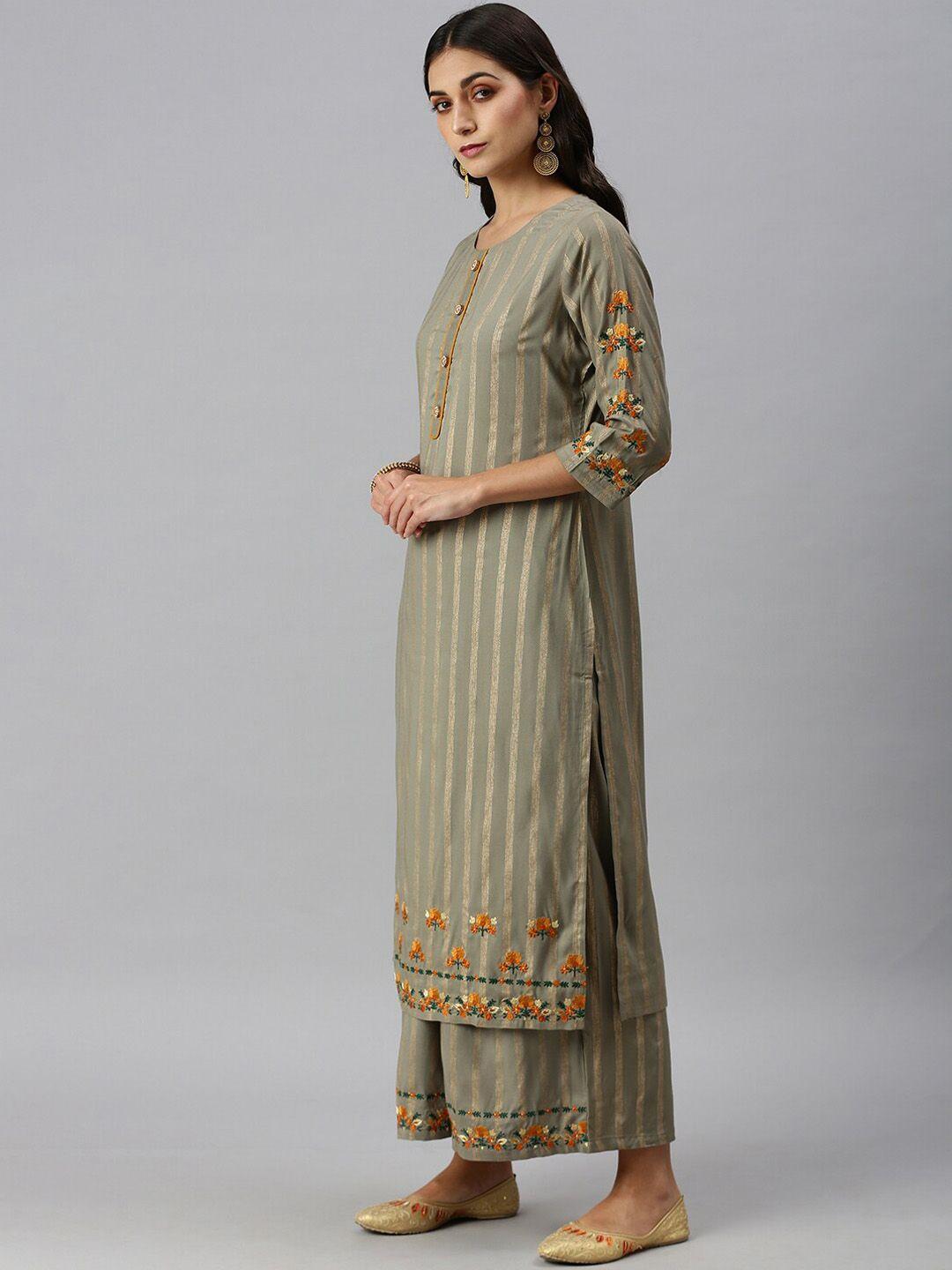 showoff striped thread work kurta with palazzos & dupatta