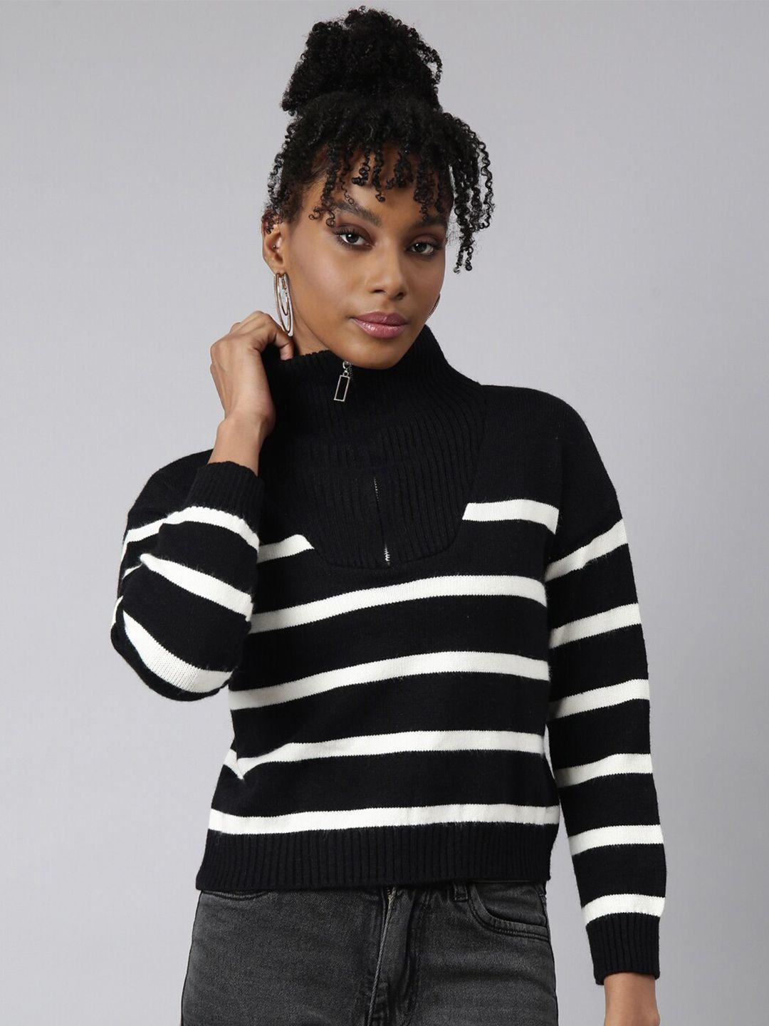 showoff striped three-quarter sleeves high neck top