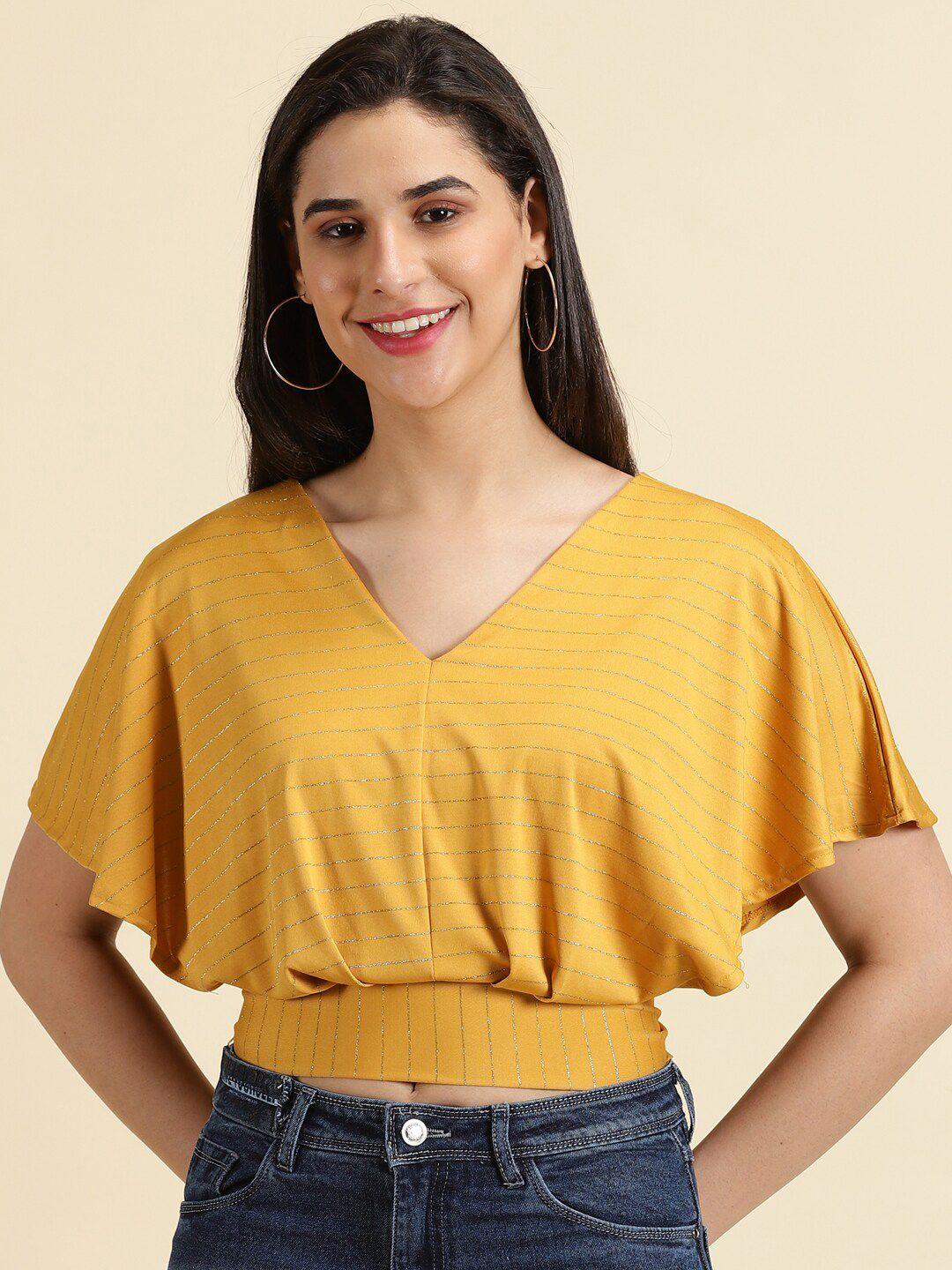 showoff striped v-neck extended sleeves blouson crop top