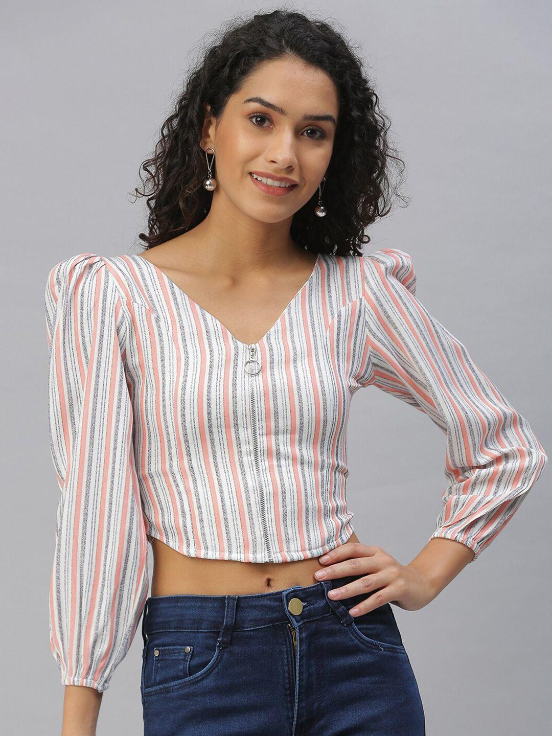 showoff striped v-neck puff sleeve crop top