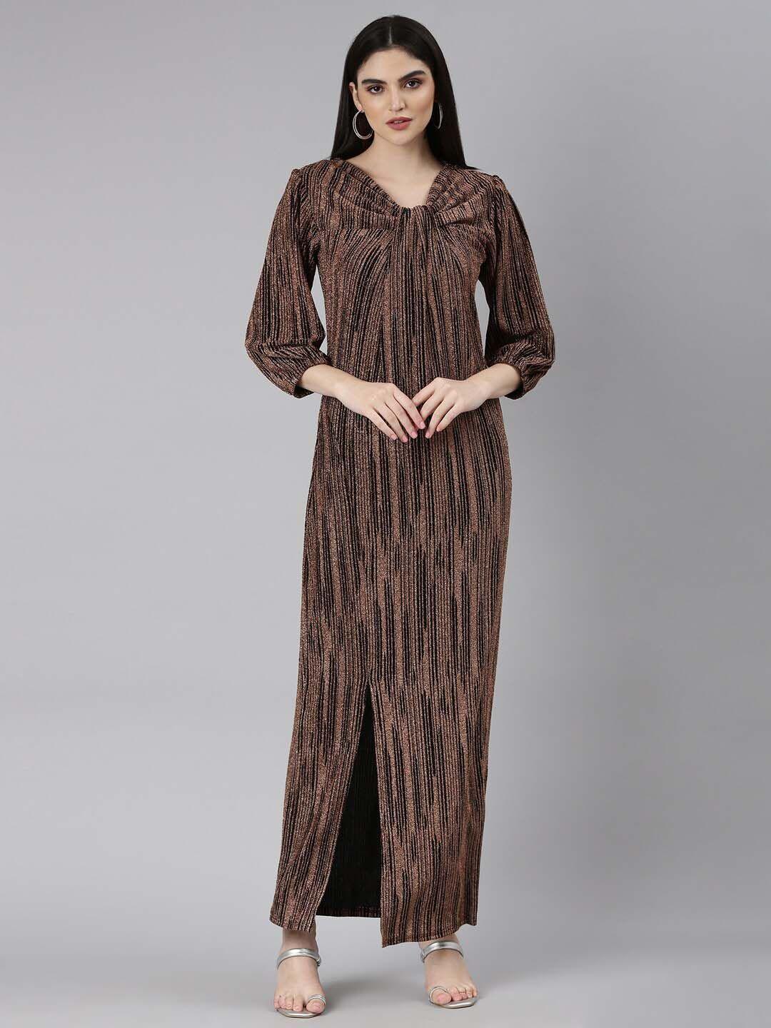 showoff striped v-neck puff sleeves bling & sparkly detail a-line maxi dress