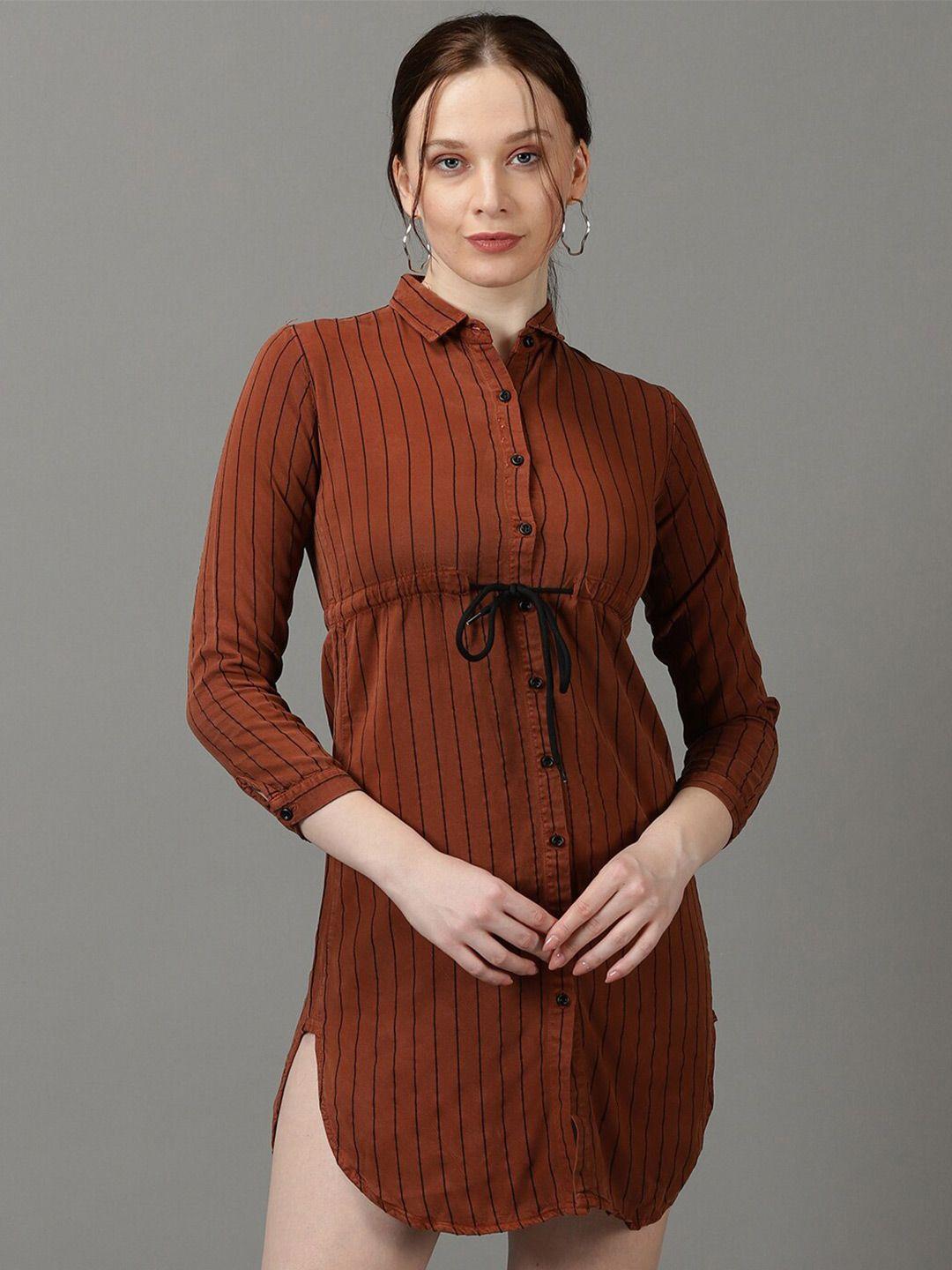 showoff striped waist tie-up cotton shirt style longline top