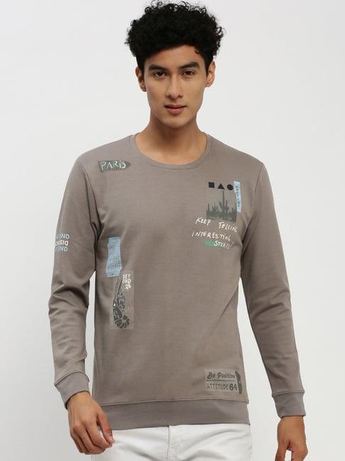 showoff taupe slim fit printed sweatshirt