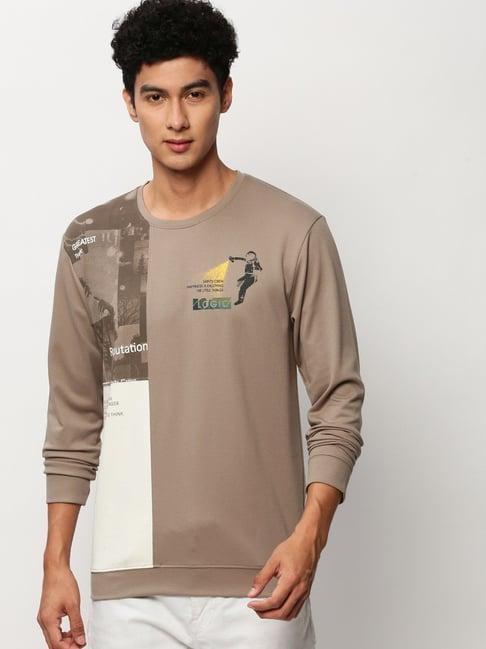 showoff taupe slim fit printed sweatshirt