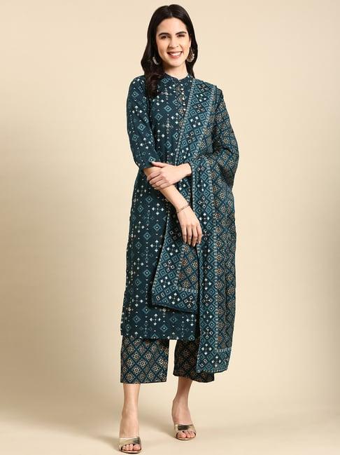 showoff teal cotton embellished kurta with pants & dupatta