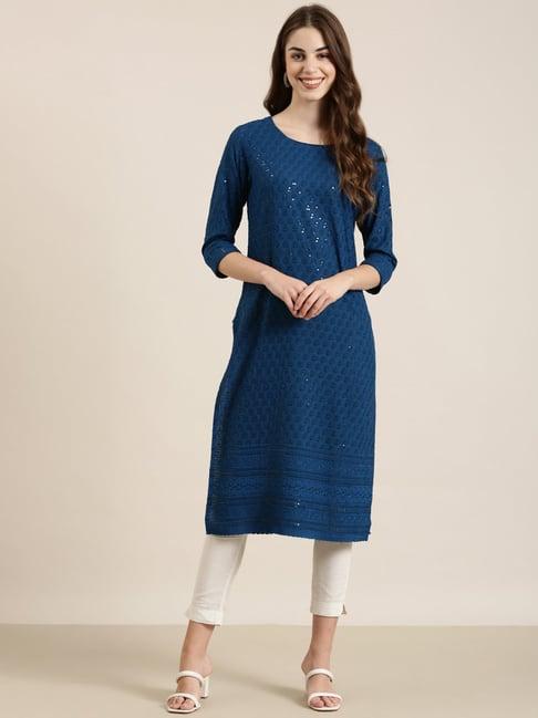 showoff teal cotton embellished kurta