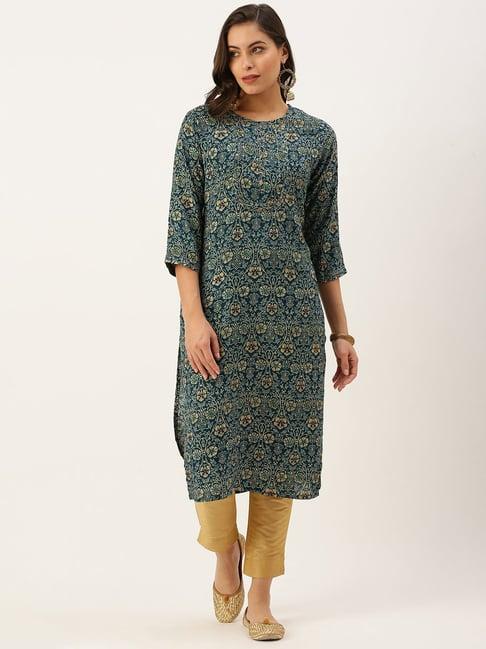 showoff teal cotton floral calf length straight kurta