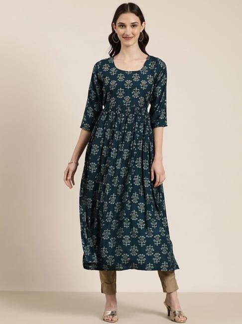 showoff teal cotton floral print kurta