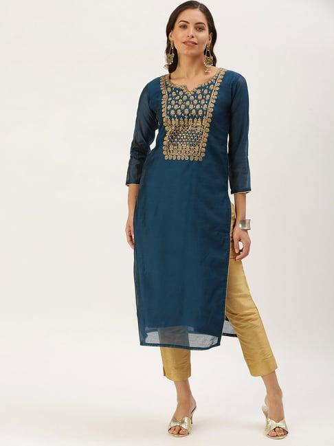 showoff teal embellished calf length straight kurta