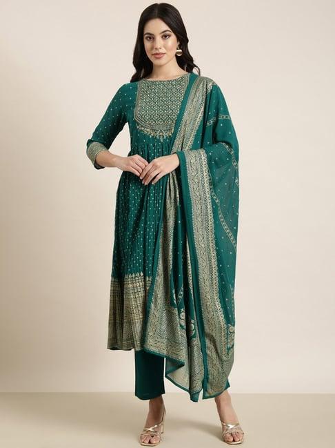 showoff teal embellished kurta with pants & dupatta