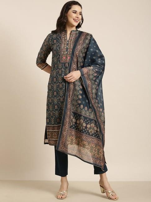 showoff teal embellished kurta with pants & dupatta