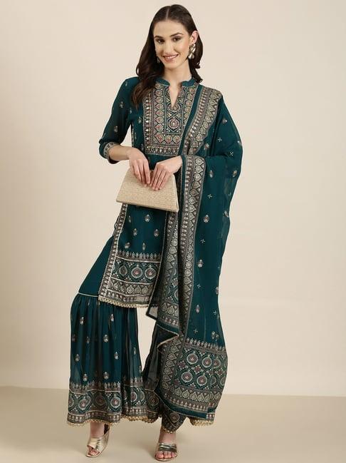 showoff teal embellished kurta with sharara & dupatta