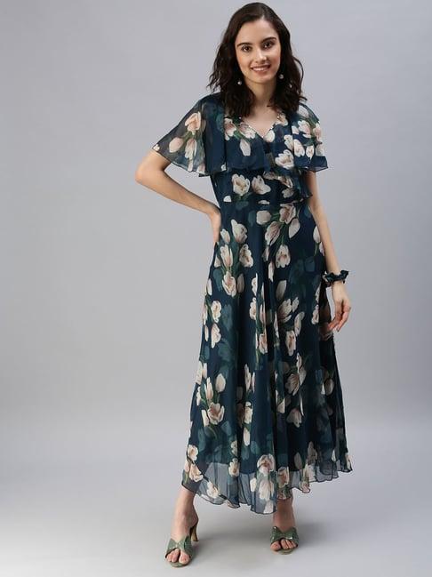 showoff teal floral print midi fit & flare dress