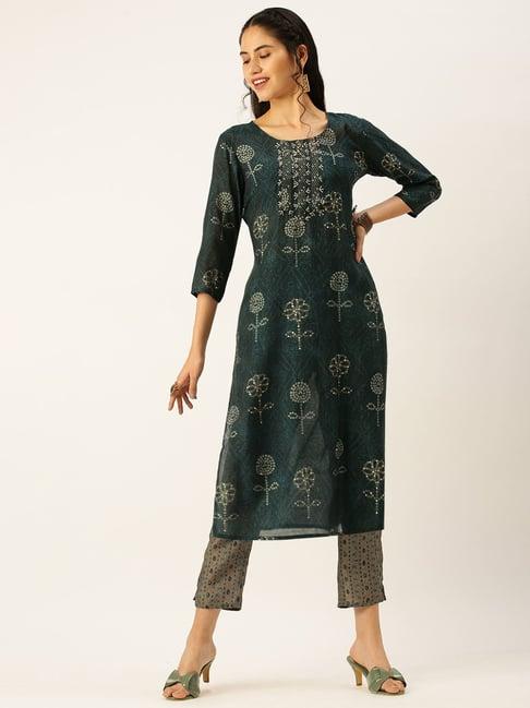 showoff teal floral print straight kurta with pants