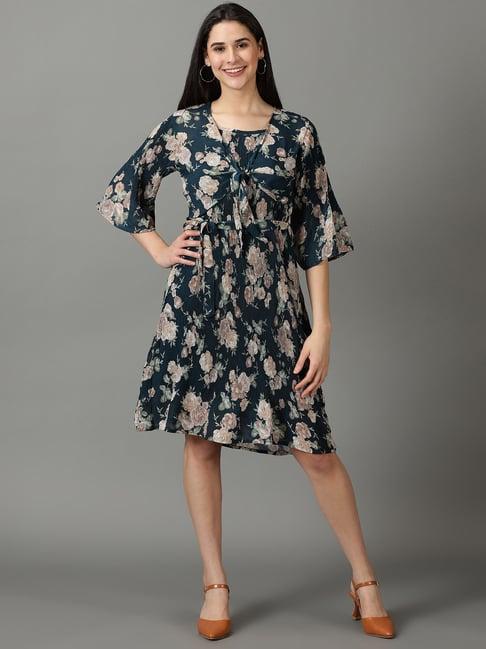 showoff teal floral print wrap dress