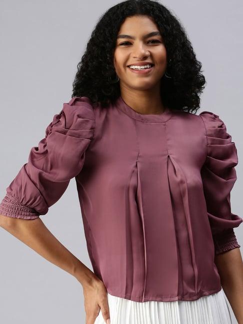 showoff three-quarter sleeves mandarin collar purple solid top