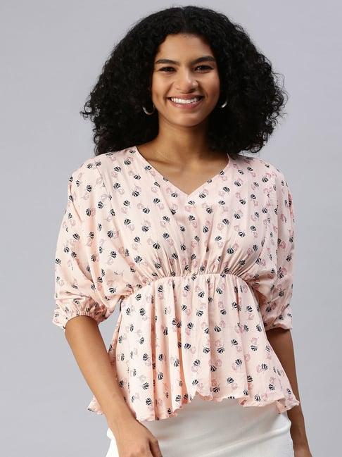 showoff three-quarter sleeves v-neck peach floral peplum top