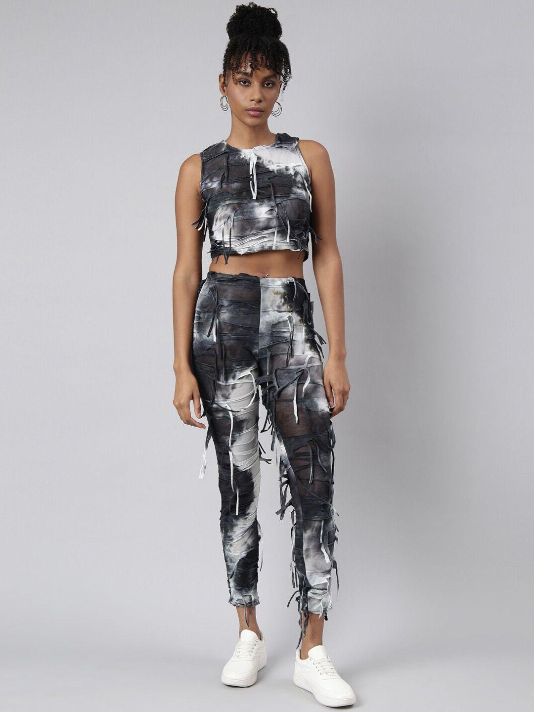 showoff tie & dye dyed tasseled crop top with trouser