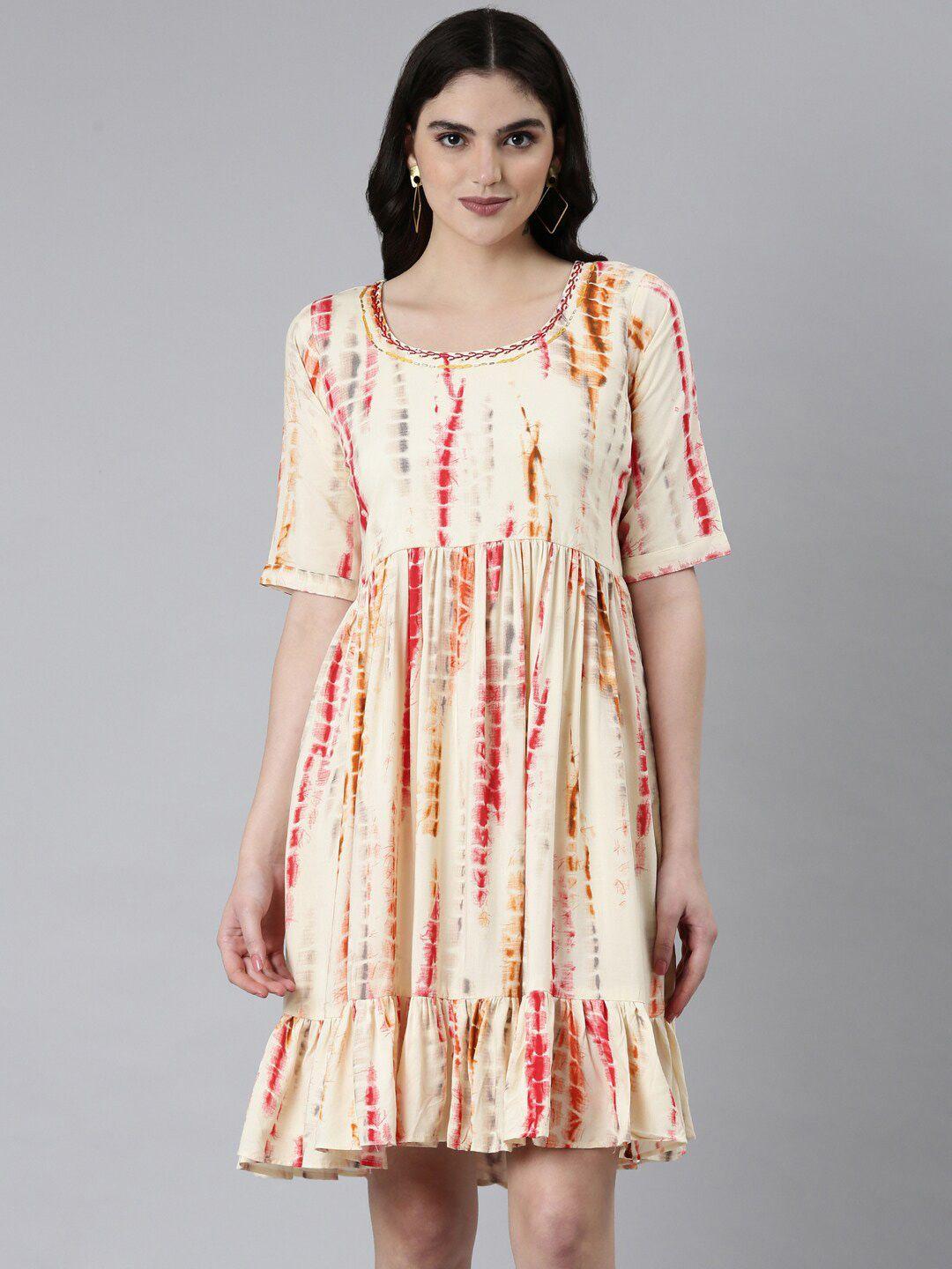 showoff tie & dye embroidered cotton fit and flare dress