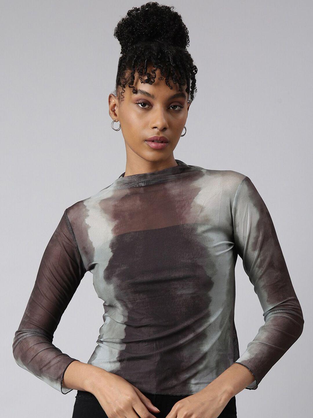 showoff tie and dye high neck net fitted top