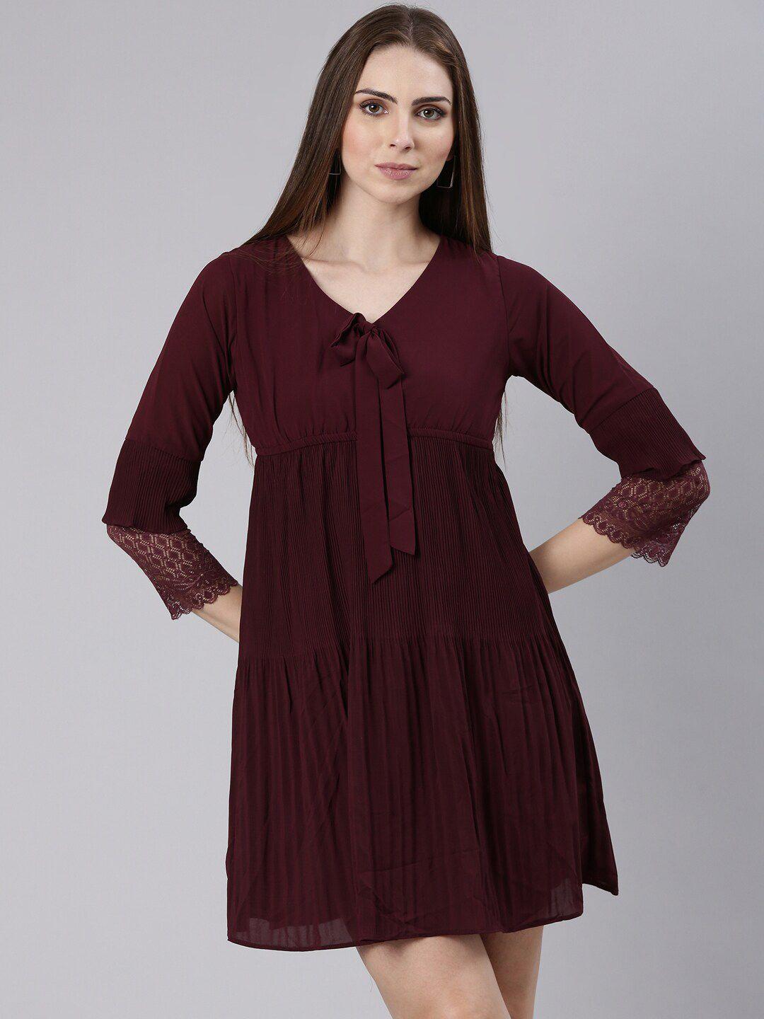 showoff tie-up neck bell sleeves gathered or pleated georgette empire dress