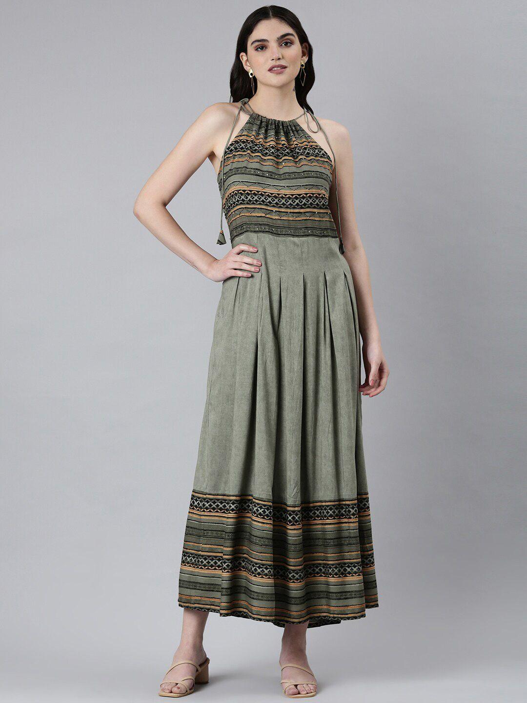 showoff tribal printed halter neck pleated cotton a-line dress
