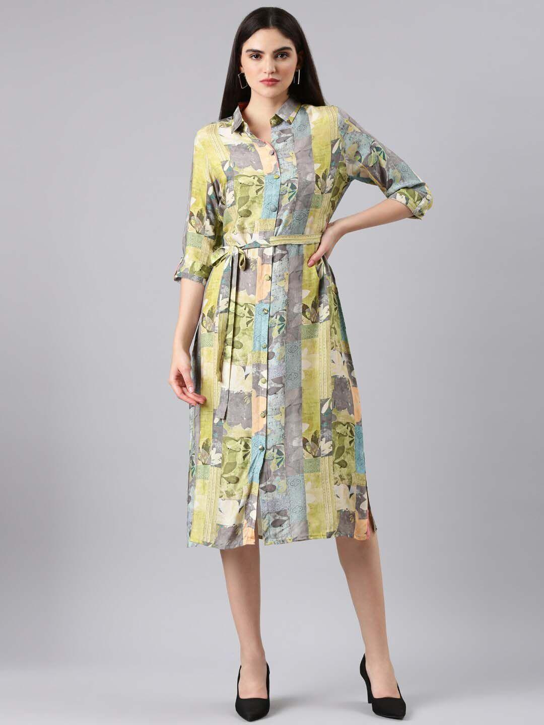 showoff tropical printed belted shirt style dress