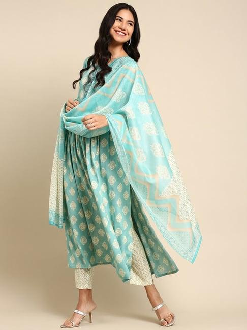 showoff turquoise & cream cotton printed kurta pant set with dupatta