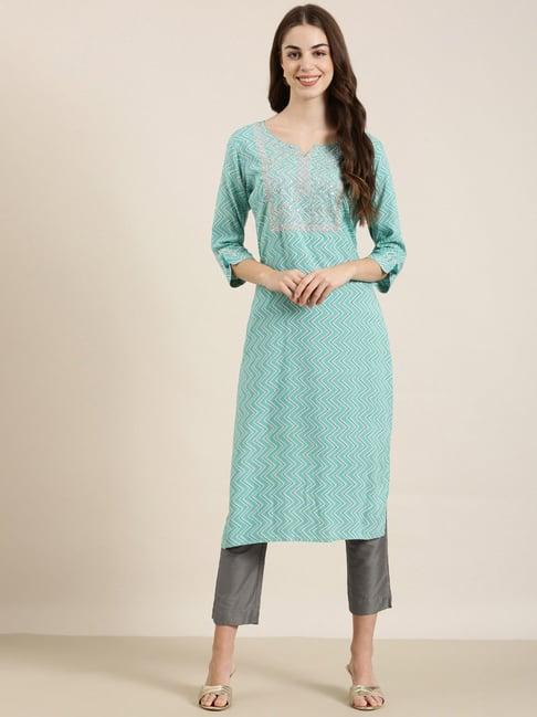 showoff turquoise cotton embellished kurta