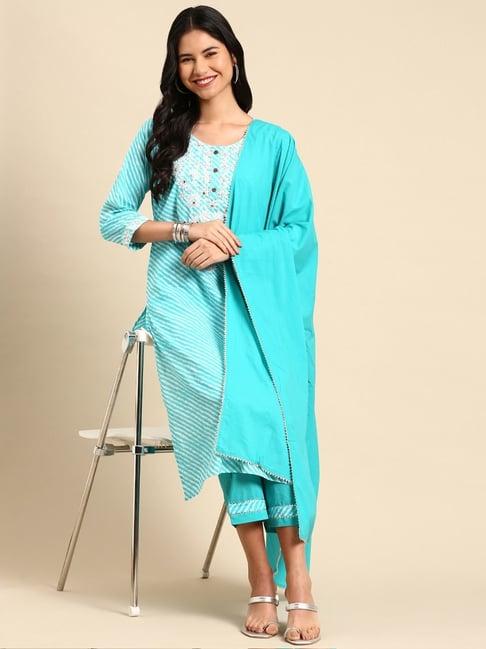 showoff turquoise cotton embroidered kurta pant set with dupatta