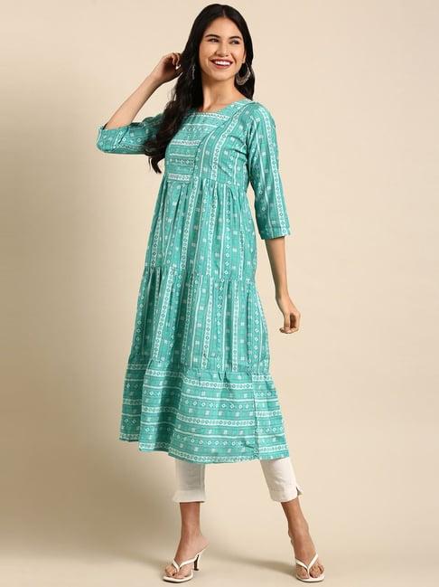 showoff turquoise embroidered a line kurta