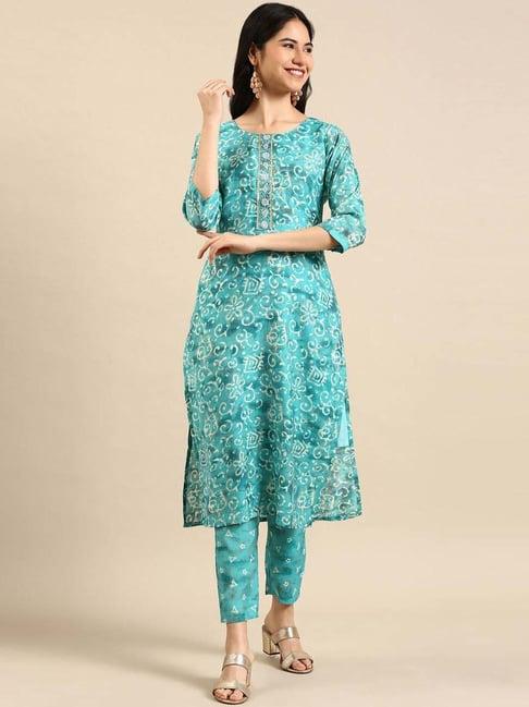 showoff turquoise printed kurta pant set