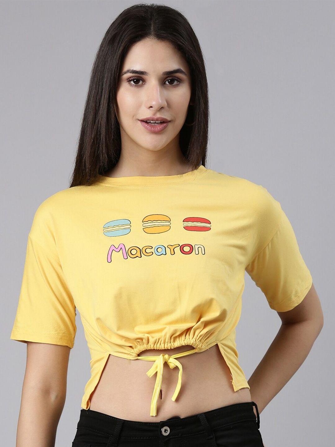 showoff typography printed cotton crop top with waist tie-ups