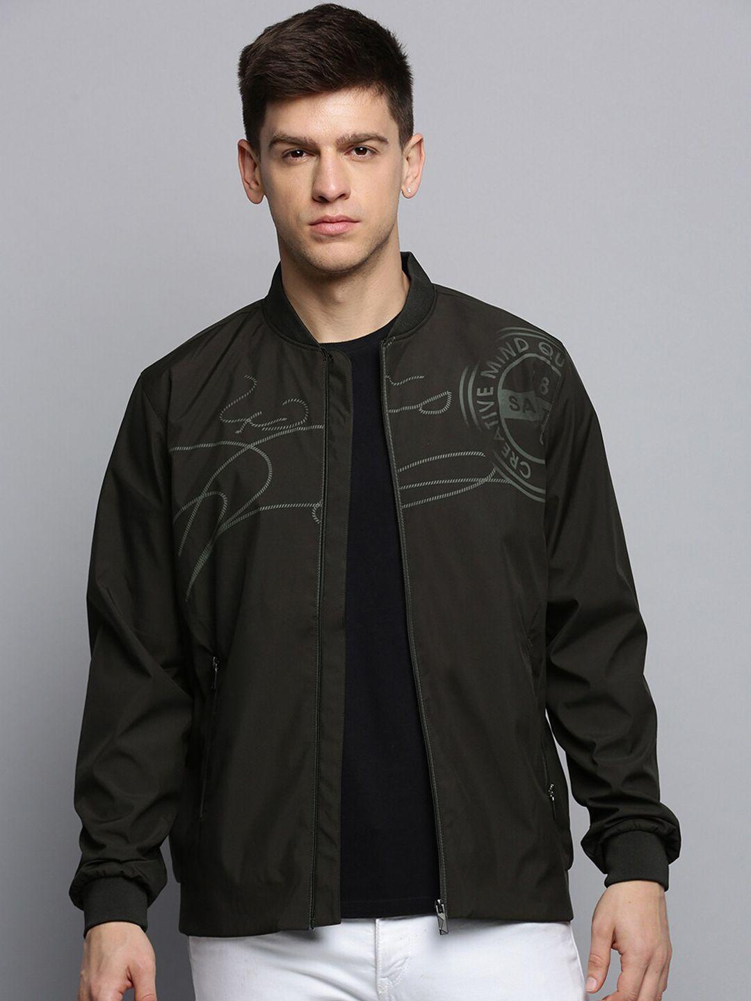 showoff typography printed henley collar water resistant bomber jacket