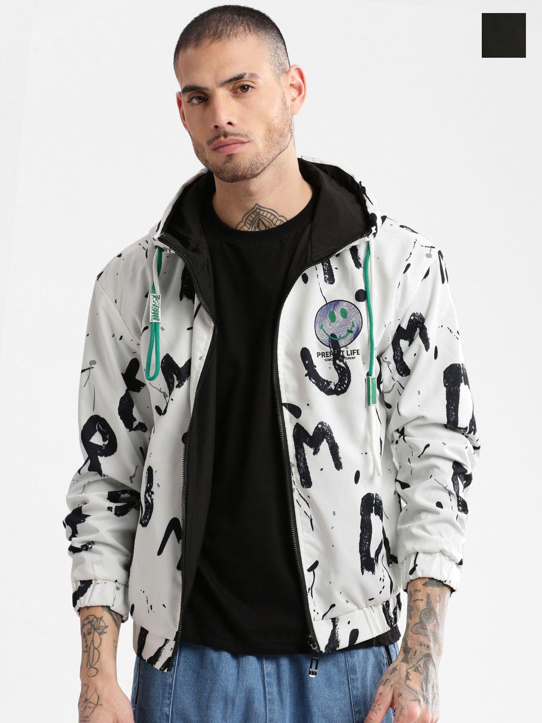 showoff typography printed hooded reversible oversized bomber jacket