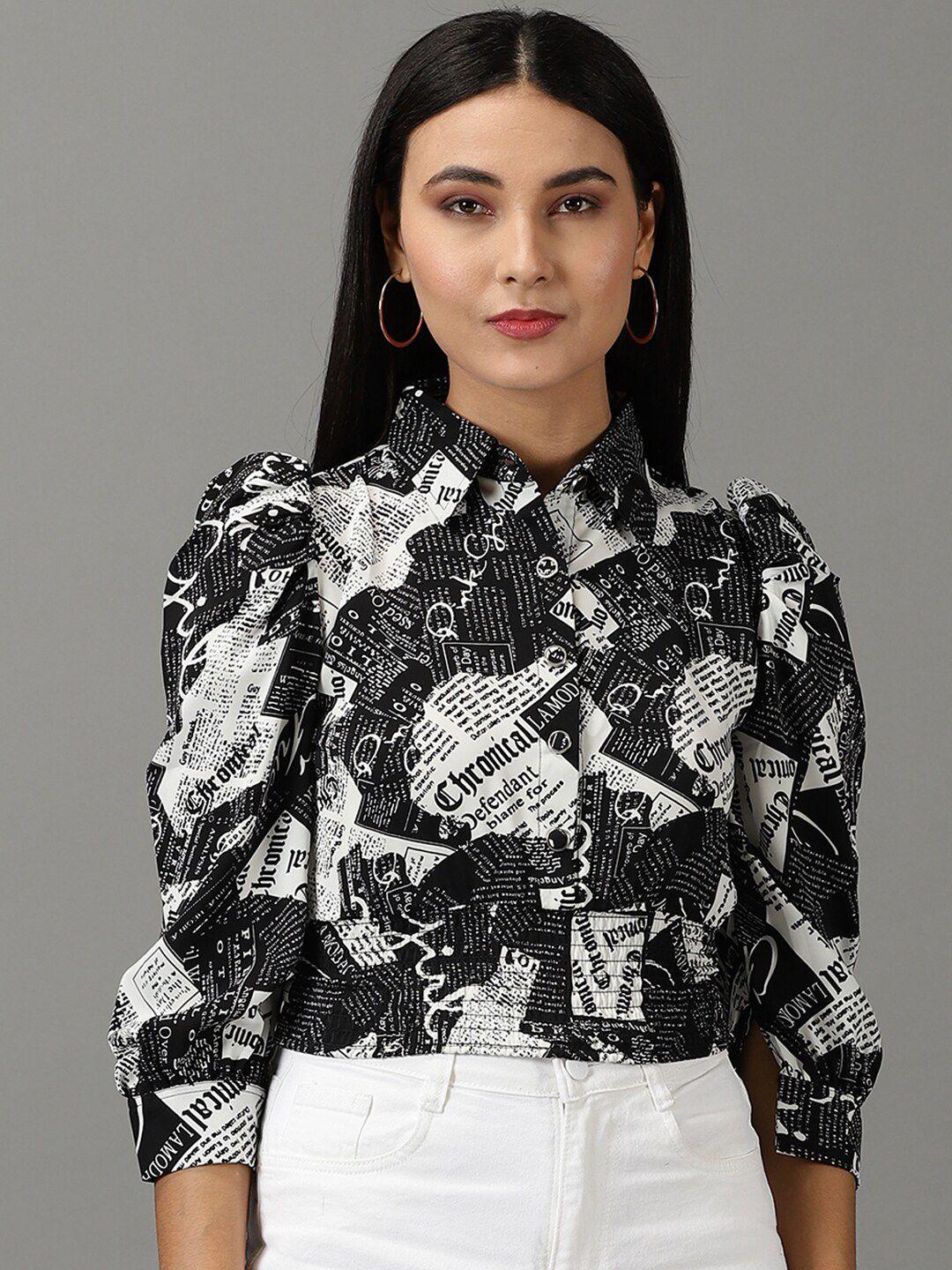 showoff typography printed puff sleeve smocked shirt style top