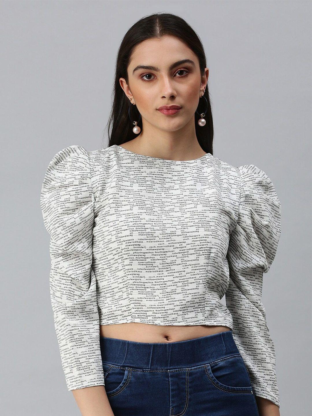 showoff typography printed puff sleeves crop top