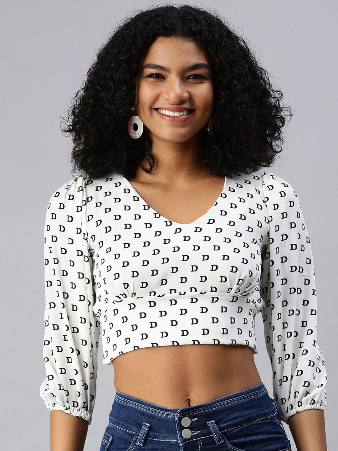 showoff typography printed v-neck puff sleeve smocking crop top