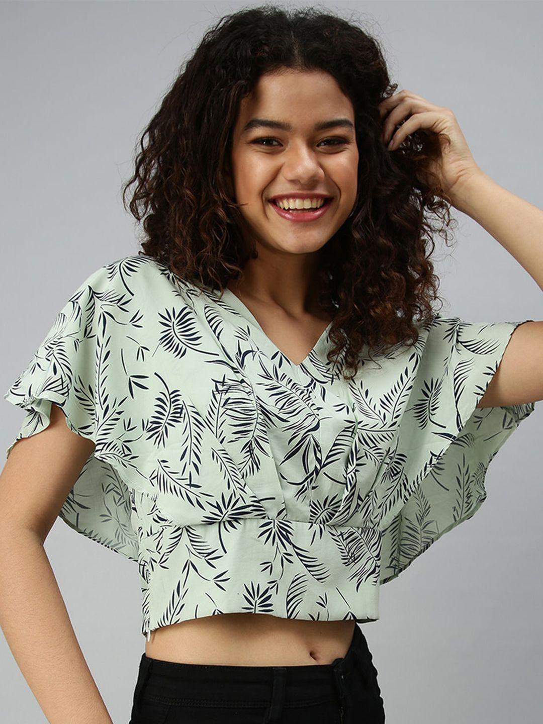 showoff v-neck flared sleeve tropical crepe blouson crop top