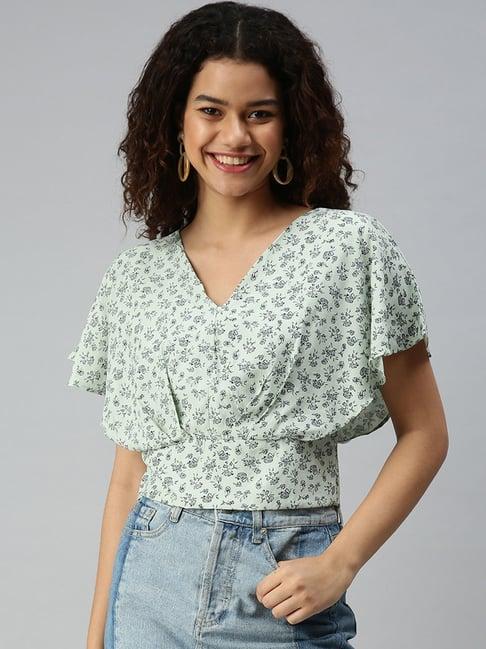 showoff v-neck flared sleeves printed green top