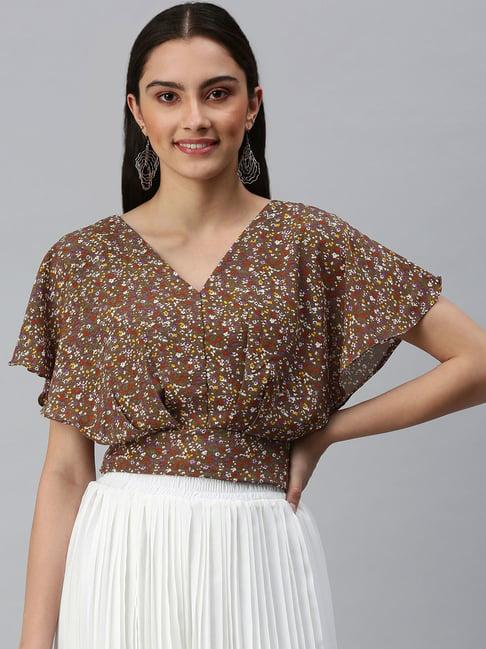 showoff v-neck flared sleeves self design brown top