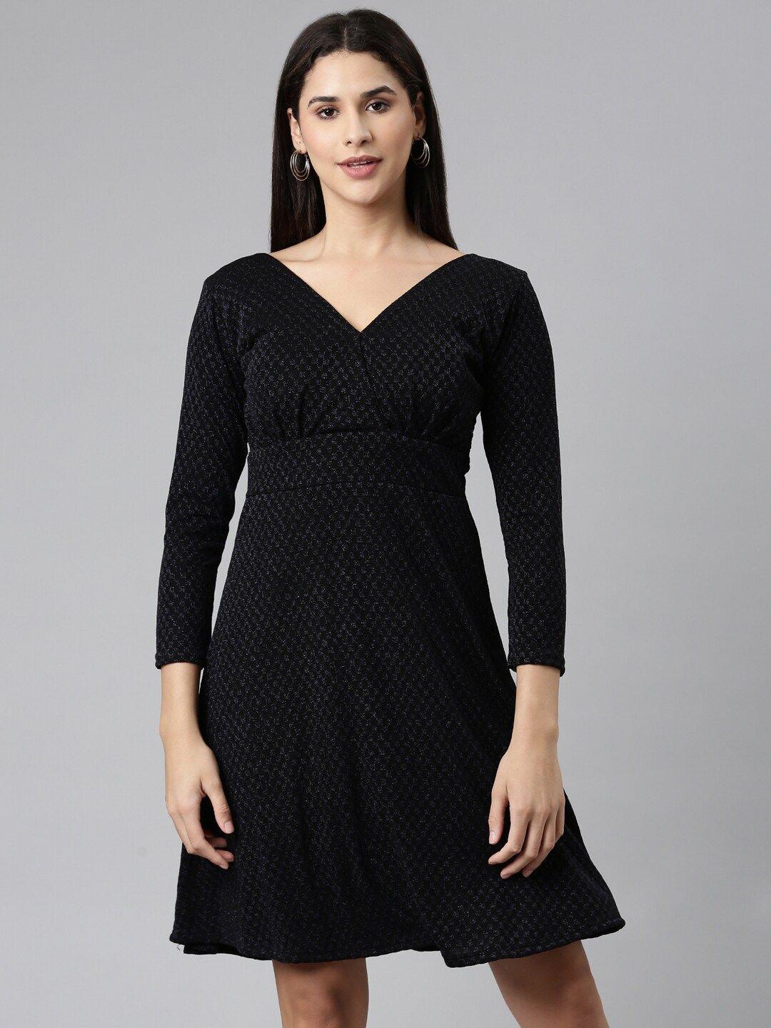 showoff v-neck long sleeves a-line dress