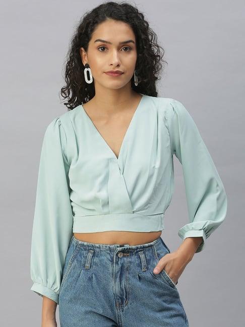 showoff v-neck solid sea green crop top