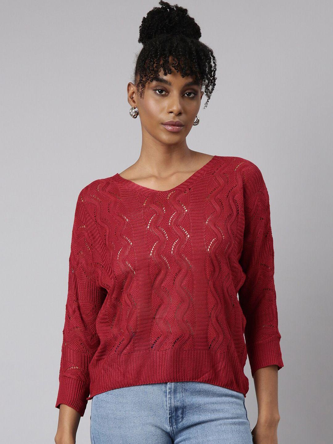 showoff v-neck three quarter extended sleeves sheer crochet top