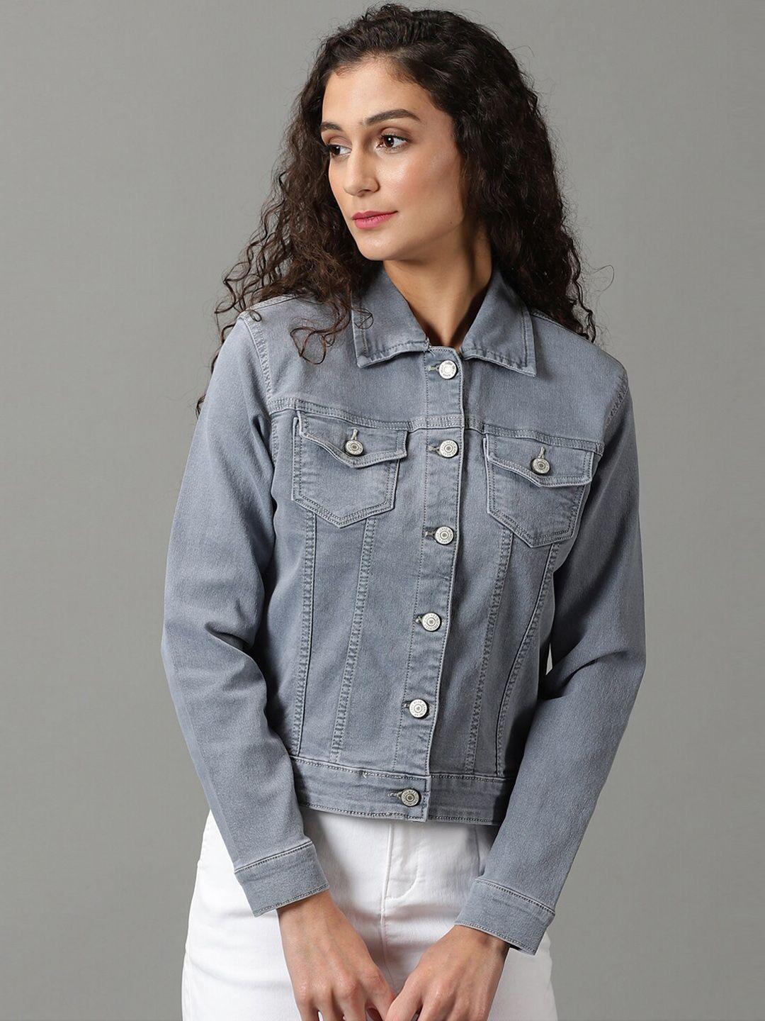 showoff washed spread collar long sleeves denim jacket