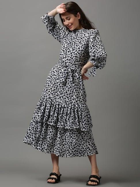 showoff white & black printed a-line dress