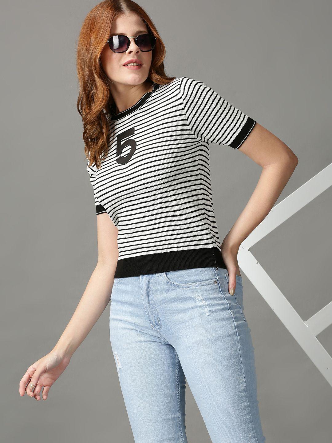 showoff white & black striped round neck top