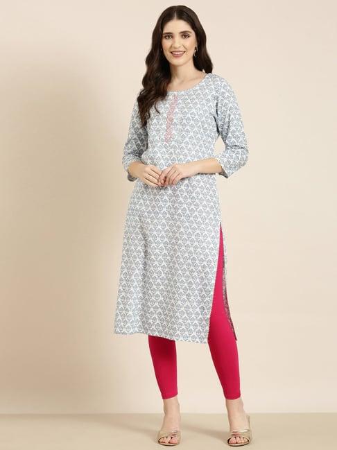 showoff white & blue cotton floral print kurta