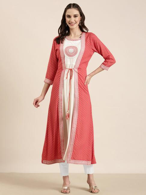 showoff white & coral cotton regular fit kurta with jacket