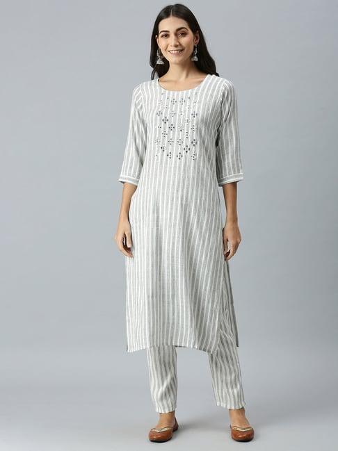 showoff white & grey striped kurta with pants